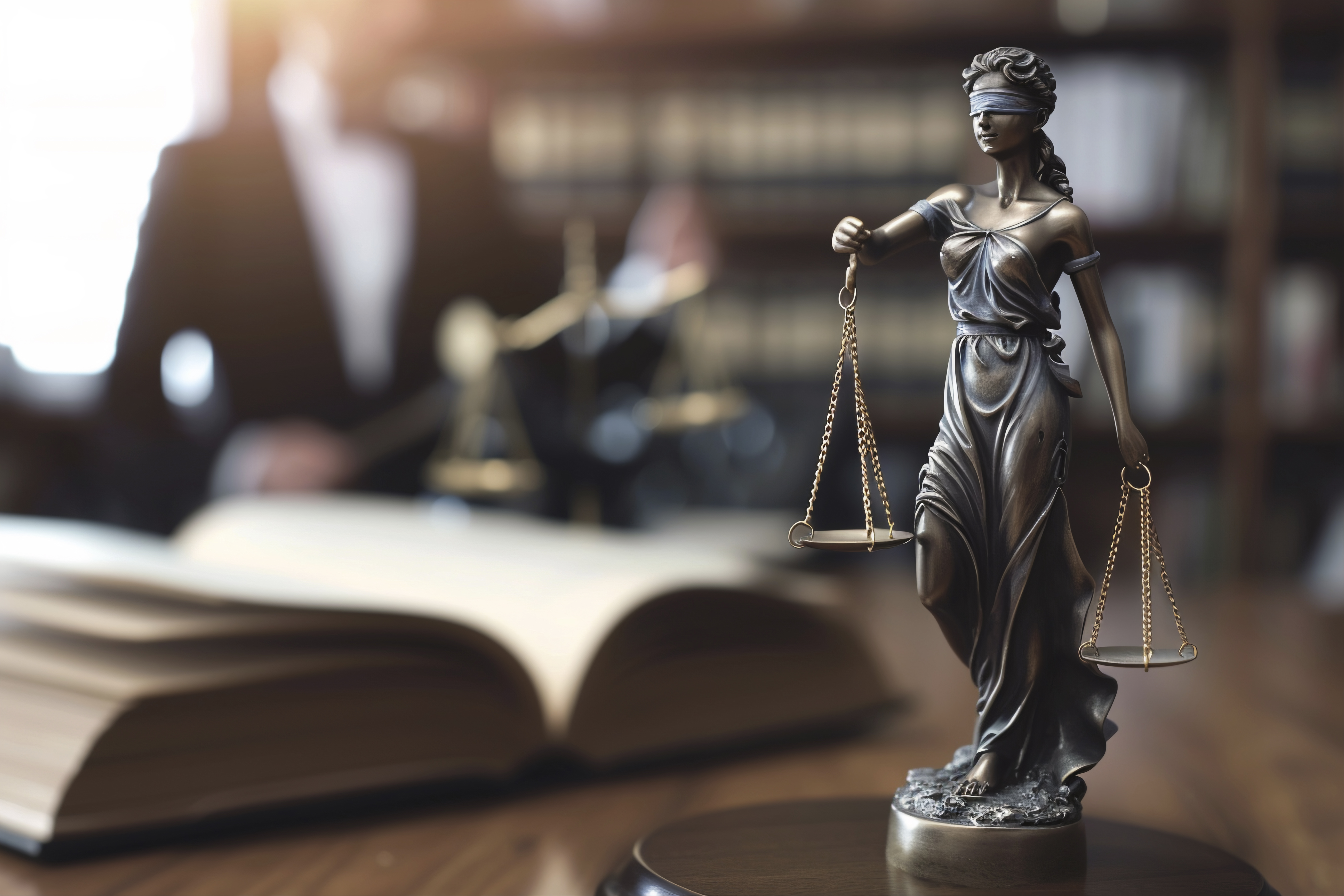 Statue of justice with scales in a law library
