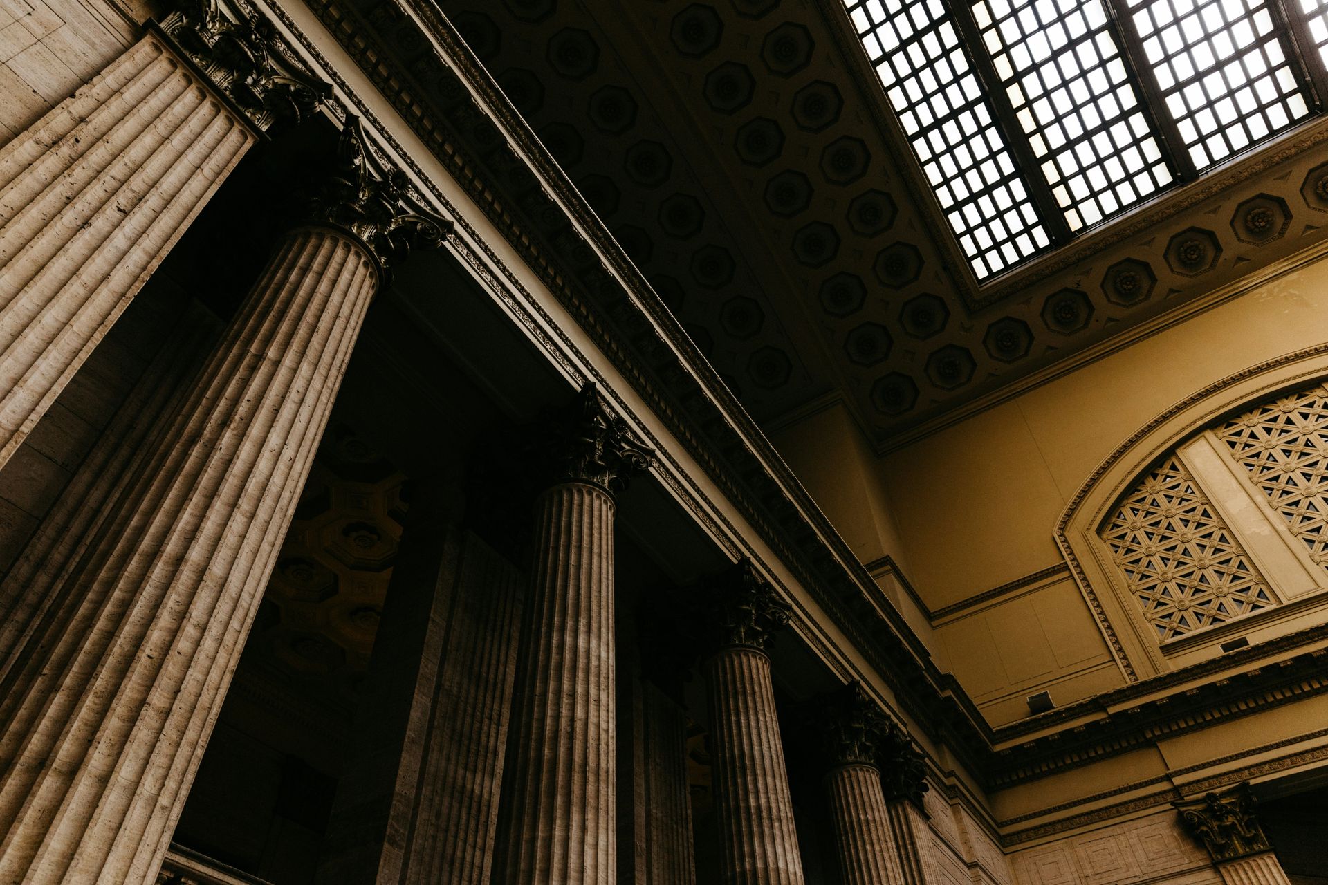 Grand columned interior, low angle
