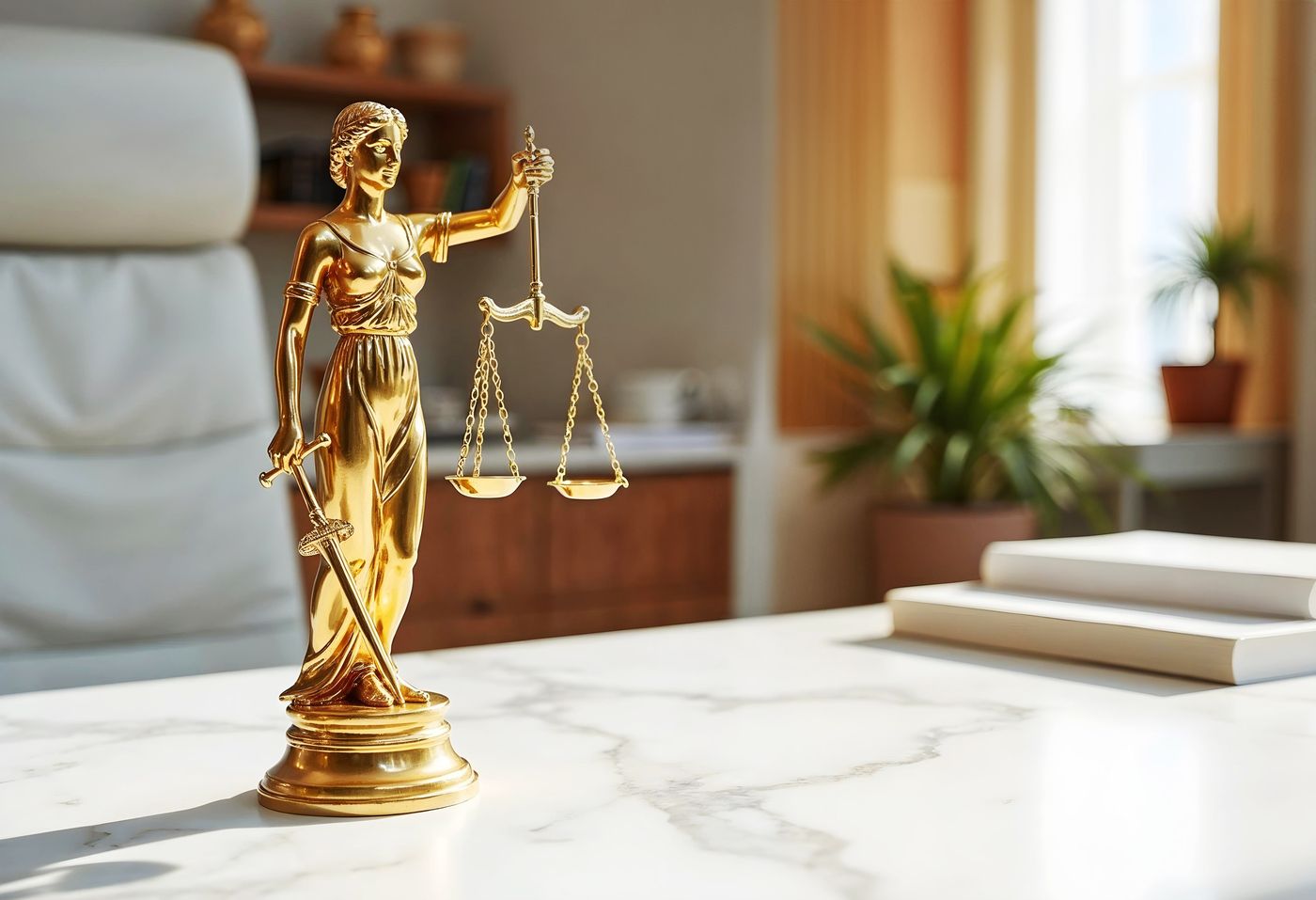 Scales of justice on an office desk